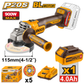 INGCO Cordless Angle Grinder 20V 4.5" 900W – 4Ah Battery & 5 Discs